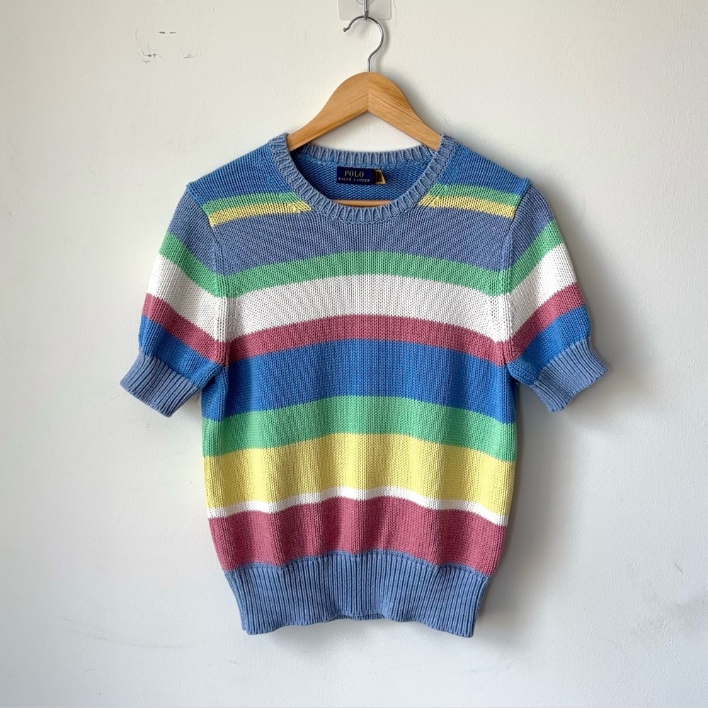 Polo Ralph Lauren Striped Knit Short Sleeve Sweater Size L Multicolor Pastel
